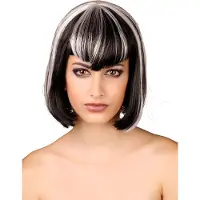 Vegaoo - Halflange zwart-witte damespruik met pony - Zwart - One Size