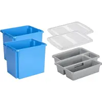 Sunware - Set van 2x opslagbox kunststof 45 liter blauw 45 x 36 x 36 cm met deksel en organiser tray