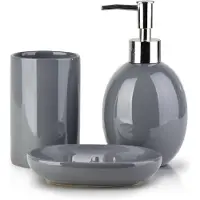 BathLAB by MONDEX Driedelige badkamerset Sue | BathLAB by MONDEX keramiek grijs 8x8x17 cm zeepdispensers en -schalen | NADUVI