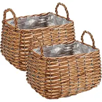 Ibergarden Set van 2x stuks plantenbak manden gevlochten riet met binnenmand 26 x 21 x 16 cm - Plantenbakken