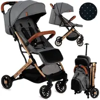 Momi De Estelle Gold kinderwagen is een inklapbare, lichtgewicht kinderwagen in een grijs-gouden kleur. Hij kan worden opgevouwen tot de afmetingen van een koffer