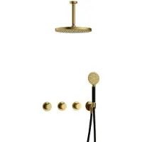 Hotbath Cobber IBS70 Inbouw Doucheset - Ronde Handdouche - 30cm Hoofddouche - 15cm Plafondbuis - Wandhouder - Geborsteld Messing Pvd - Messing - Kranen, Douchekranen, Douchesets, Inbouw douchesets