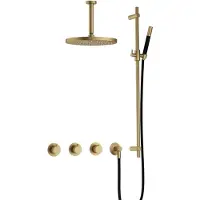 Hotbath Cobber IBS70 inbouw regendoucheset met staafhanddouche aan glijstang en 30cm ronde hoofddouche aan 15cm plafondarm geborsteld messing