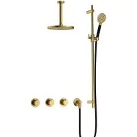 Hotbath Cobber IBS70 Inbouw Doucheset - Ronde Handdouche - 20cm Hoofddouche - 15cm Plafondbuis - Glijstang - Geborsteld Messing Pvd - Messing - Kranen, Douchekranen, Douchesets, Inbouw douchesets