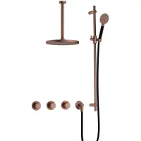 Hotbath Cobber IBS70 inbouw regendoucheset met ronde handdouche aan glijstang en 20cm ronde hoofddouche aan 30cm plafondarm geborsteld koper PVD