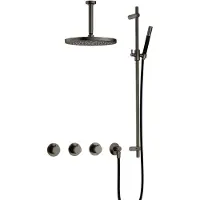 Hotbath Cobber IBS70 inbouw regendoucheset met staafhanddouche aan glijstang en 30cm ronde hoofddouche aan 15cm plafondarm verouderd ijzer