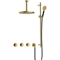 Hotbath Cobber IBS70 inbouwdouche met ronde handdouche, 15cm plafondbuis, 30cm hoofddouche en glijstang geborsteld messing PVD