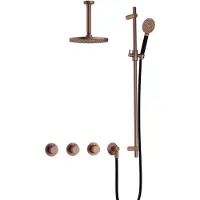 Hotbath Cobber IBS70 inbouw regendoucheset met ronde handdouche aan glijstang en 20cm ronde hoofddouche aan 15cm plafondarm geborsteld koper PVD