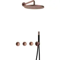 Hotbath Cobber IBS70 inbouw regendoucheset met staafhanddouche aan houder en 30cm ronde hoofddouche aan 40cm wandarm geborsteld koper PVD