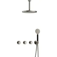 Hotbath Cobber X IBSX70 inbouw regendoucheset met ronde handdouche aan houder en 30cm ronde hoofddouche aan 15cm plafondarm geborsteld nikkel