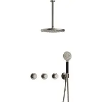 Hotbath Cobber X IBSX70 inbouw regendoucheset met ronde handdouche aan houder en 30cm ronde hoofddouche aan 30cm plafondarm geborsteld nikkel