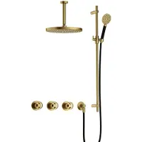 Hotbath Cobber @Work IBSW70 inbouw regendoucheset met ronde handdouche aan glijstang en 30cm ronde hoofddouche aan 15cm plafondarm geborsteld messing