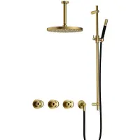 Hotbath Cobber @work IBSW70 Inbouw Doucheset Met 2 Stopkranen Met Plafondbuis 15 Cm, M106 En Glijstang - Geborsteld Messing PVD - Kranen, - Kranen, Douchekranen, Douchesets, Inbouw douchesets
