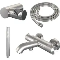 Brauer Opbouwset bad- en douchekraan brushed carving thermostatisch met wandhouder geborsteld rvs