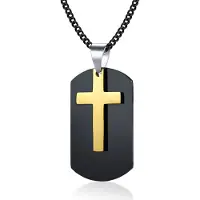 Mendes Heren SchakelKetting met Zwarte Dogtag Hanger Goudkleurig Kruis