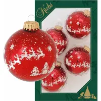 Krebs Kerstballen - 4x stuks - rood - rendieren opdruk - 7 cm - glans - gedecoreerd - Kerstversiering/kerstdecoratie