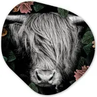 MuchoWow Organische wanddecoratie 90x90 cm - Organisch schilderij Schotse hooglander - Bloemen - Zwart - Wit - Muurdecoratie woonkamer - Kamer decoratie - Schilderijen - Muurcirkel aesthetic