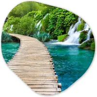 MuchoWow Organische wanddecoratie 60x60 cm - Organisch schilderij Brug - Water - Planten - Waterval - Groen - Muurdecoratie woonkamer - Kamer decoratie - Schilderijen - Muurcirkel aesthetic