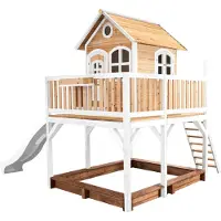 Axi Liam Speelhuis op palen, zandbak & witte Glijbaan | Speelhuisje voor de tuin / buiten in bruin & wit van FSC hout | Speeltoestel voor kinderen