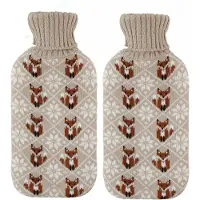 Home & Styling Warmwaterkruik - 2x - 2L - beige - met hoes - kruik - winter print - vos