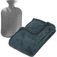 Atmosphera Fleece deken/plaid Blauwgrijs 130 x 180 cm en kruik 2 liter
