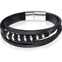 Mendes Leren armband RVS kralen Touw Zwart Zilverkleurig-20.5cm