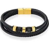 Mendes Leren Multi armband RVS kralen Zwart Goudkleurig-22cm