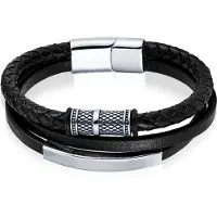 Mendes multi armband leer RVS Kraal Zwart Zilverkleurig-22cm