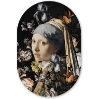 MuchoWow Muurovaal 80x120 cm - Ovale wanddecoratie Meisje met de parel - Johannes Vermeer - Bloemen - Ovalen schilderij - Muurdecoratie woonkamer - Kamer decoratie - Schilderijen - Wandcirkel