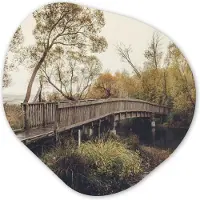 MuchoWow Organische wanddecoratie 40x40 cm - Organisch schilderij Herfst - Brug - Bomen - Muurdecoratie woonkamer - Kamer decoratie - Schilderijen - Muurcirkel aesthetic