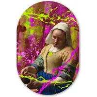MuchoWow Muurovaal 80x120 cm - Ovale wanddecoratie Melkmeisje - Johannes Vermeer - Neon - Ovalen schilderij - Muurdecoratie woonkamer - Kamer decoratie - Schilderijen - Wandcirkel