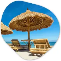 MuchoWow Organische wanddecoratie 60x60 cm - Organisch schilderij Strandstoel - Strand - Parasol - Zee - Zomer - Muurdecoratie woonkamer - Kamer decoratie - Schilderijen - Muurcirkel aesthetic