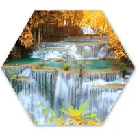 MuchoWow Hexagon wanddecoratie - Kunststof Wanddecoratie - Hexagon Schilderij - Waterval - Herfst - Bomen - Bruin - Water - 120x103 cm