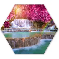 MuchoWow Hexagon wanddecoratie - Kunststof Wanddecoratie - Hexagon Schilderij - Waterval - Regenboog - Bomen - Roze - Natuur - 120x103 cm