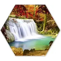MuchoWow Hexagon wanddecoratie - Kunststof Wanddecoratie - Hexagon Schilderij - Herfst - Waterval - Natuur - 120x103 cm