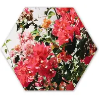 MuchoWow Hexagon wanddecoratie - Kunststof Wanddecoratie - Hexagon Schilderij - Bloemen - Struik - Zomer - Roze - 120x103 cm