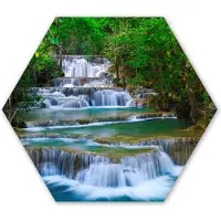 MuchoWow Hexagon wanddecoratie - Kunststof Wanddecoratie - Hexagon Schilderij - Waterval - Bomen - Natuur - Water - Jungle - 75x65 cm