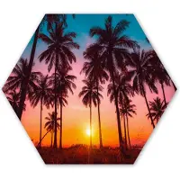 MuchoWow Hexagon wanddecoratie - Kunststof Wanddecoratie - Hexagon Schilderij - Palmboom - Zonsondergang - Horizon - Strand - Oranje - Roze - 75x65 cm - Kerstdecoratie in huis - Kerstmis