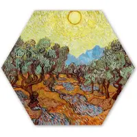 MuchoWow Hexagon wanddecoratie - Kunststof Wanddecoratie - Hexagon Schilderij - Olijfbomen met gele hemel en zon - Vincent van Gogh - 120x103 cm
