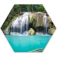 MuchoWow Hexagon wanddecoratie - Kunststof Wanddecoratie - Hexagon Schilderij - Water - Waterval - Bomen - 75x65 cm