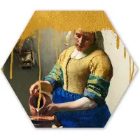 MuchoWow Hexagon wanddecoratie - Kunststof Wanddecoratie - Hexagon Schilderij - Melkmeisje - Goud - Vermeer - 75x65 cm