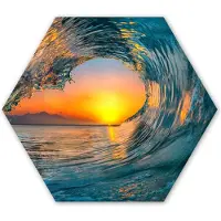 MuchoWow Hexagon wanddecoratie - Kunststof Wanddecoratie - Hexagon Schilderij - Zonsondergang - Water - Golf - Oranje - 120x103 cm