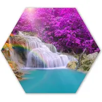 MuchoWow Hexagon wanddecoratie - Kunststof Wanddecoratie - Hexagon Schilderij - Waterval - Bomen - Regenboog - Paars - 75x65 cm