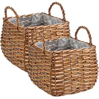 Ibergarden Set van 2x stuks plantenbak manden gevlochten riet met binnenmand 23,5 x 23,5 x 15,5 cm - Plantenbakken