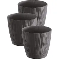 Prosperplast Plantenpot/bloempot Waves - 3x stuks - kunststof - antraciet - D17 x H16 cm - binnen/buiten - met opvangschaal