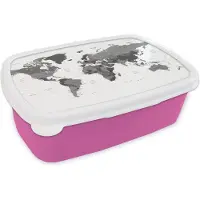 MuchoWow Broodtrommel Roze - Lunchbox - Brooddoos - Mannelijke wereldkaart - zwart wit - 18x12x6 cm - Kinderen - Meisje