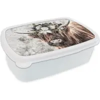 MuchoWow Broodtrommel Wit - Lunchbox - Brooddoos - Schotse hooglander - Rook - Boeket - 18x12x6 cm - Volwassenen