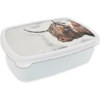 MuchoWow Broodtrommel Wit - Lunchbox - Brooddoos - Schotse hooglander - Dieren - Krant - 18x12x6 cm - Volwassenen