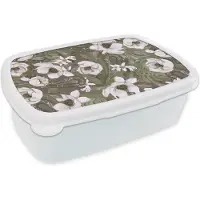 MuchoWow Broodtrommel Wit - Lunchbox - Brooddoos - Bloemen - Jungle - Vintage - Patroon - 18x12x6 cm - Volwassenen