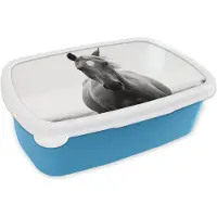 MuchoWow Broodtrommel Blauw - Lunchbox - Brooddoos - Paard - Zwart - Wit - Portret - 18x12x6 cm - Kinderen - Jongen